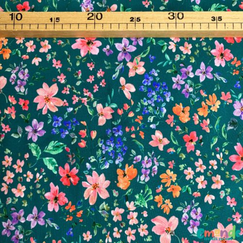 Hurkolt futter (French Terry), Virágok,  Petrol  