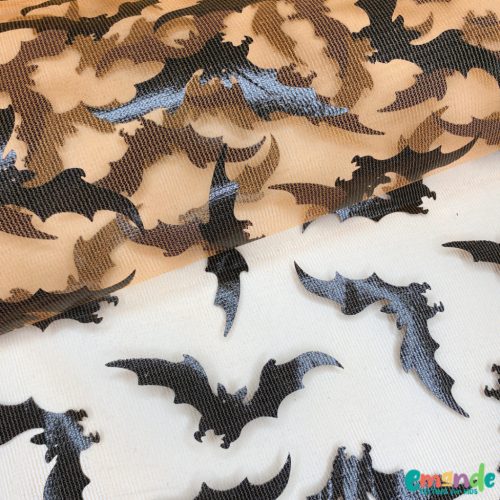 HALLOWEEN, Denevér mintás Kötött sifon anyag, Narancssárga   