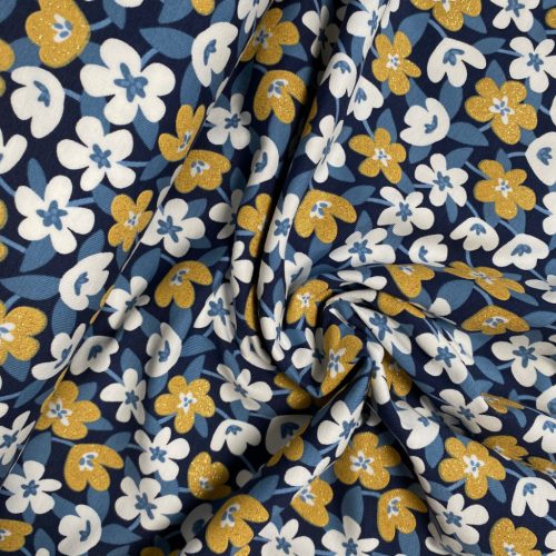 Csillámos Pamut jersey, Virágok, Sötétkék 