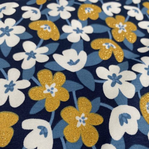 Csillámos Pamut jersey, Virágok, Sötétkék 