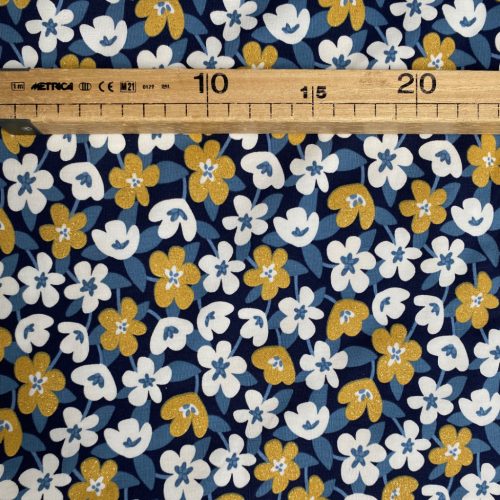 Csillámos Pamut jersey, Virágok, Sötétkék 