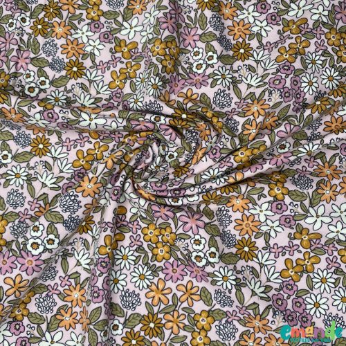 Pamut jersey, Virágok, Világos lila  