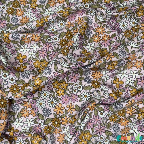 Pamut jersey, Virágok, Világos lila  