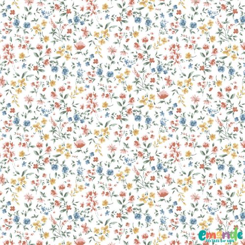 Pamut jersey, Virágok, Fehér  