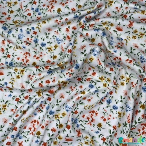 Pamut jersey, Virágok, Fehér  