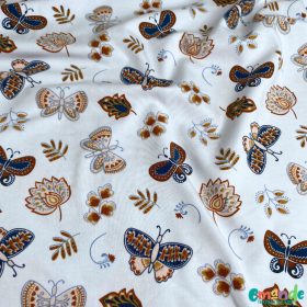 Pamut jersey, Virágok és pillangók, Fehér  