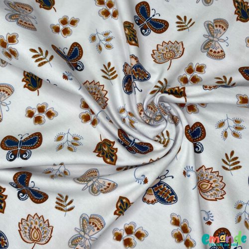 Pamut jersey, Virágok és pillangók, Fehér  