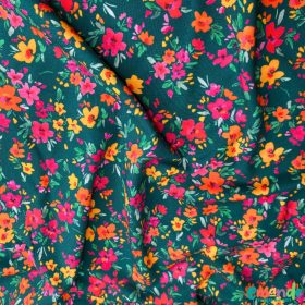 Pamut jersey, Virágok, Smaragdzöld  