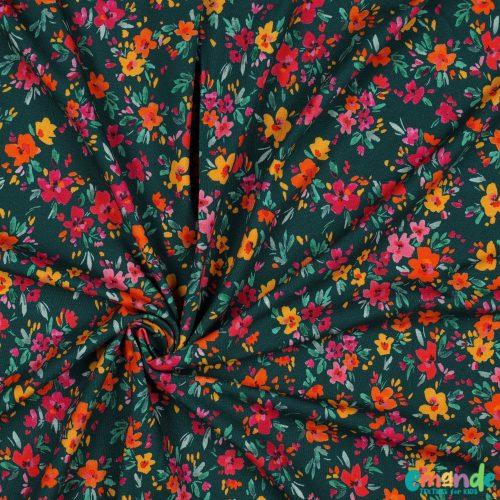 Pamut jersey, Virágok, Smaragdzöld  