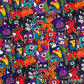 Pamut jersey, Szörnyecskék,   Lila-Piros