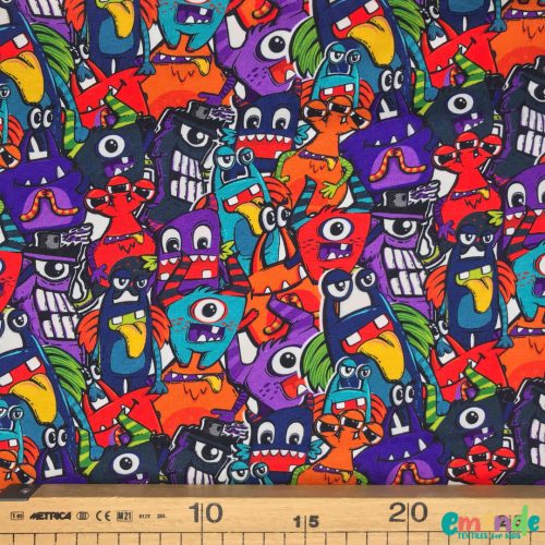 Pamut jersey, Szörnyecskék,   Lila-Piros