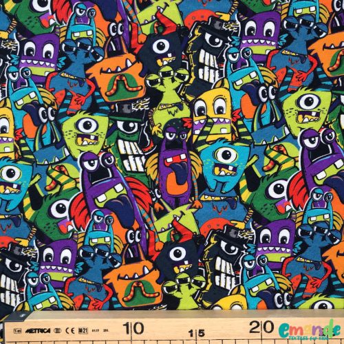 Pamut jersey, Szörnyecskék,   Zöld-Kék