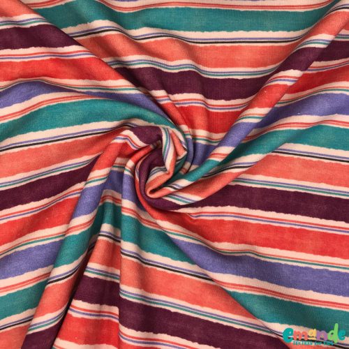 Pamut jersey,  Aquarell csíkok (piros-kék-lila) 