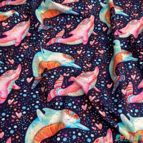 Pamut jersey, Mandala delfin, Sötétkék  