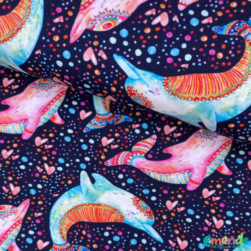 Pamut jersey, Mandala delfin, Sötétkék  