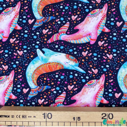 Pamut jersey, Mandala delfin, Sötétkék  