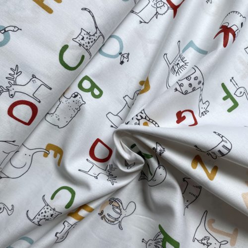 BIO Pamutvászon,  Állatos betűk,  Fehér