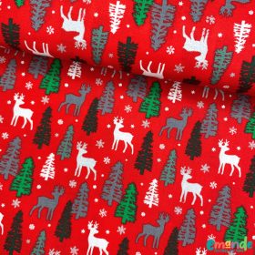 Pamutvászon, Karácsony, Rénszarvas, Piros   