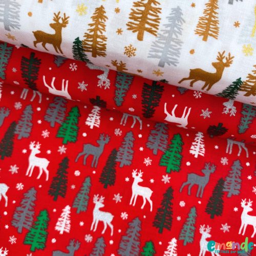 Pamutvászon, Karácsony, Rénszarvas, Piros   
