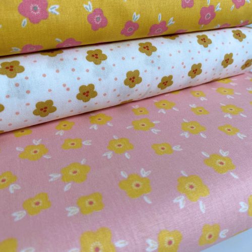 Pamutvászon, Sárga virágok Világos, rózsaszín