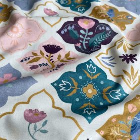 Pamutvászon, Virágos csempék, Fehér  