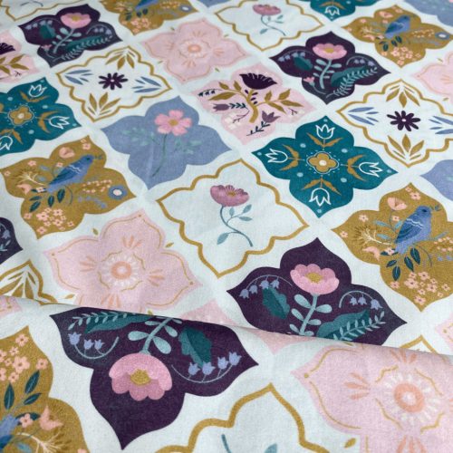 Pamutvászon, Virágos csempék, Fehér  