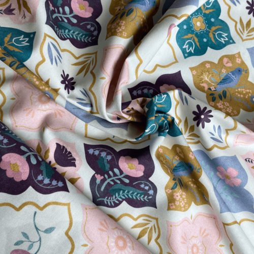 Pamutvászon, Virágos csempék, Fehér  