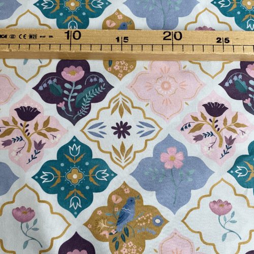 Pamutvászon, Virágos csempék, Fehér  