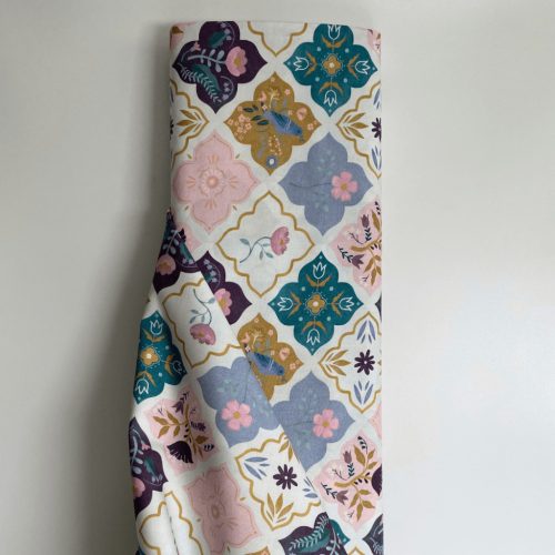 Pamutvászon, Virágos csempék, Fehér  