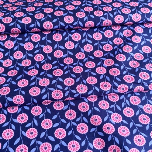 Pamutvászon, Virágok, Sötétkék  