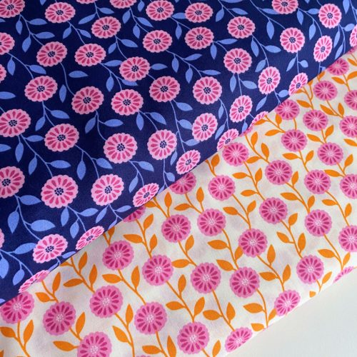 Pamutvászon, Virágok, Sötétkék  