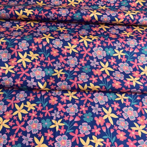 Pamutvászon, Virágok, Kobalt  