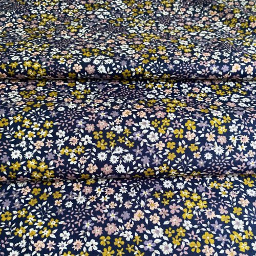 Pamutvászon, Virágok, Sötétkék  