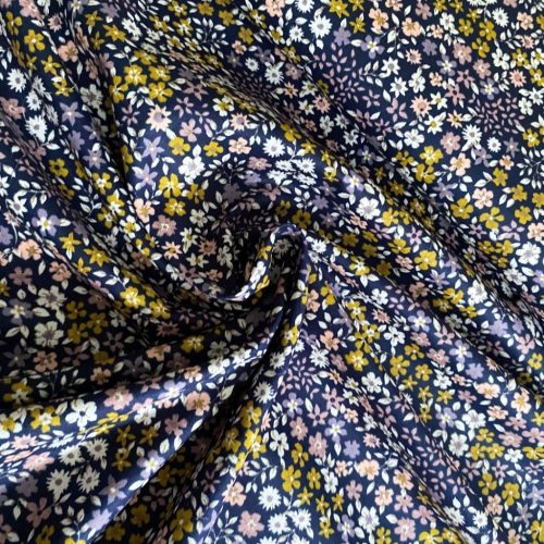 Pamutvászon, Virágok, Sötétkék  